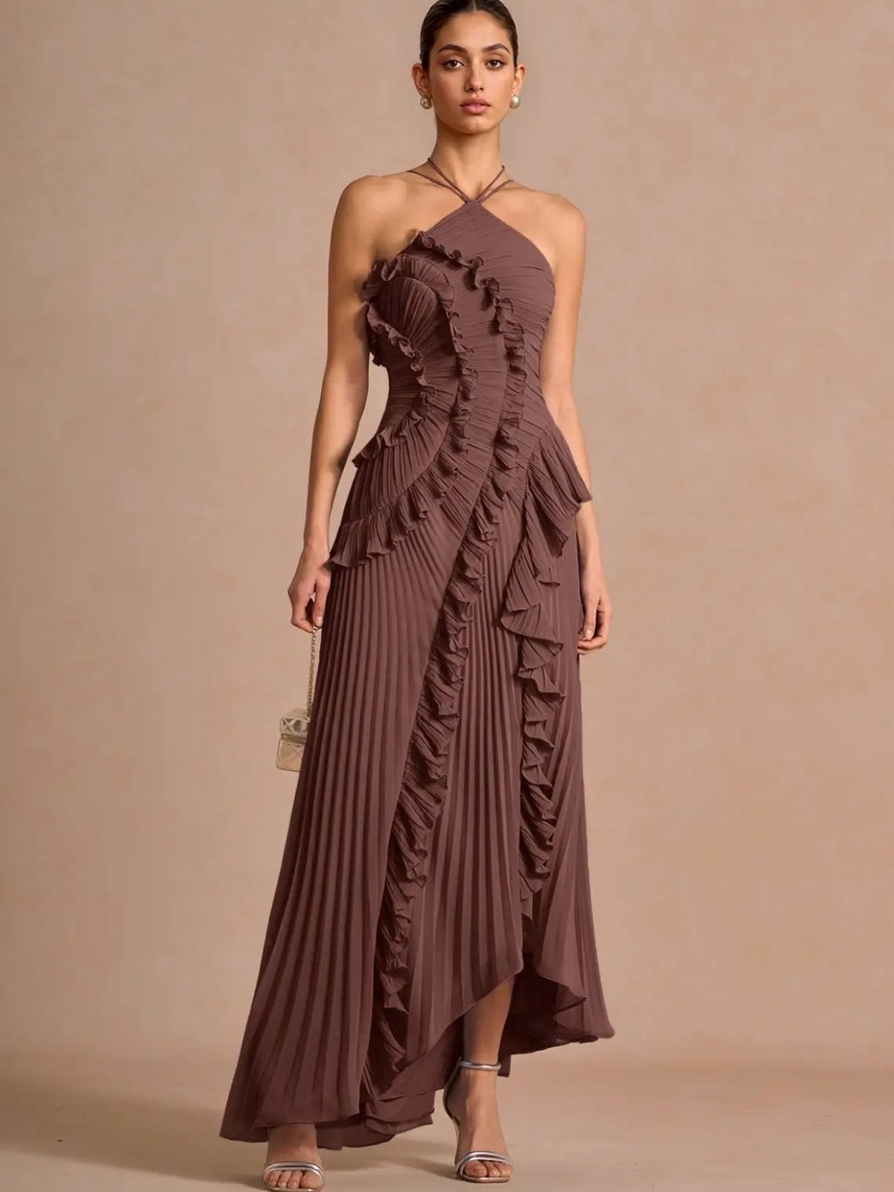 Elegant Ruffle Pleated Maxi Dress - Mocha